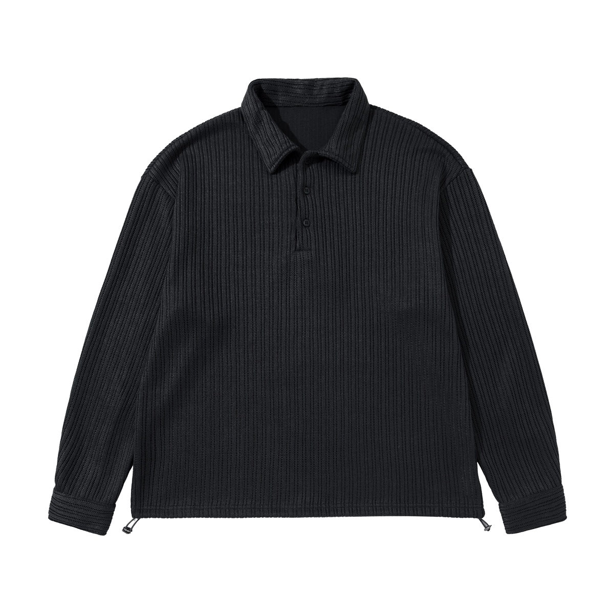 Black ribbed long-sleeve polo pullover flat lay with three-button placket and drawstring hem toggles