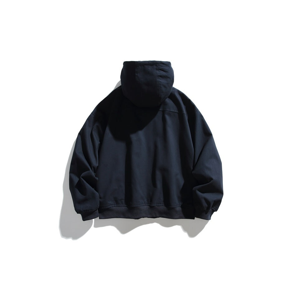 Back view of a dark navy hooded jacket displayed flat against a white background.
