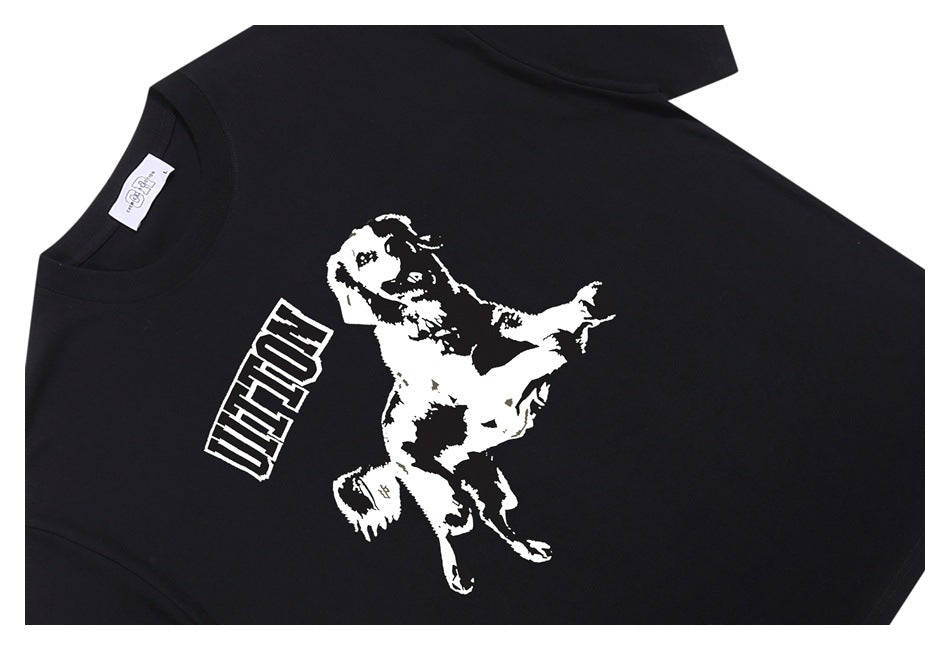 Flat-lay front of a black T-shirt with a large white graphic and outlined lettering.