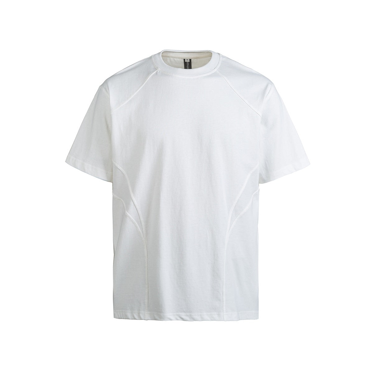 White short-sleeve crew-neck T-shirt, front view, with raglan-style seams and curved side panel seams