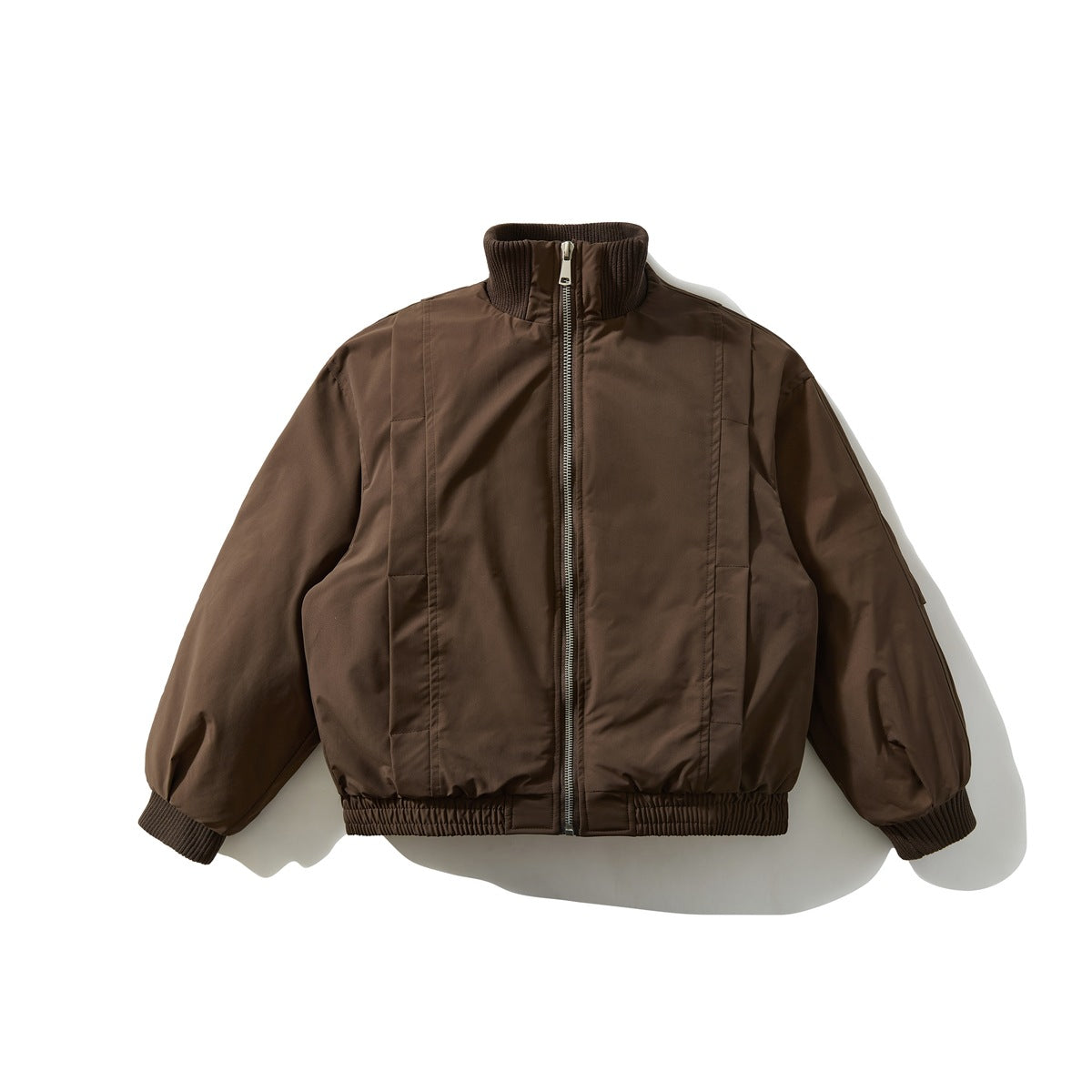 Coffee brown stand-collar zip jacket with ribbed collar and cuffs, flat lay front view