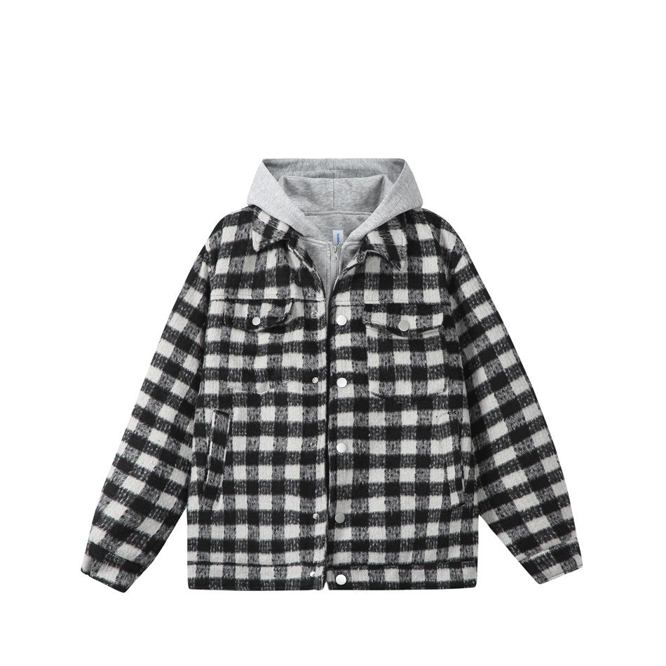 Black and white check jacket with gray hood layer, snap front and chest flap pockets, flat front view