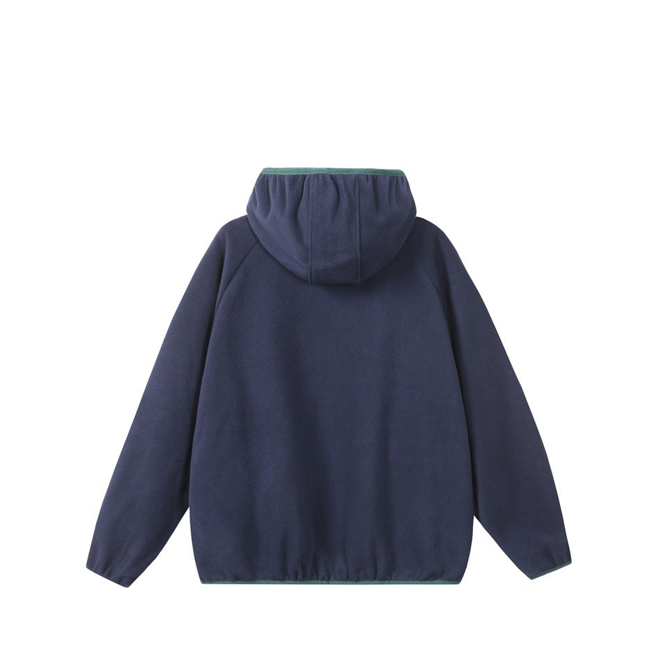 Back view of a navy hooded jacket with long sleeves and subtle green trim at the hood and hem.