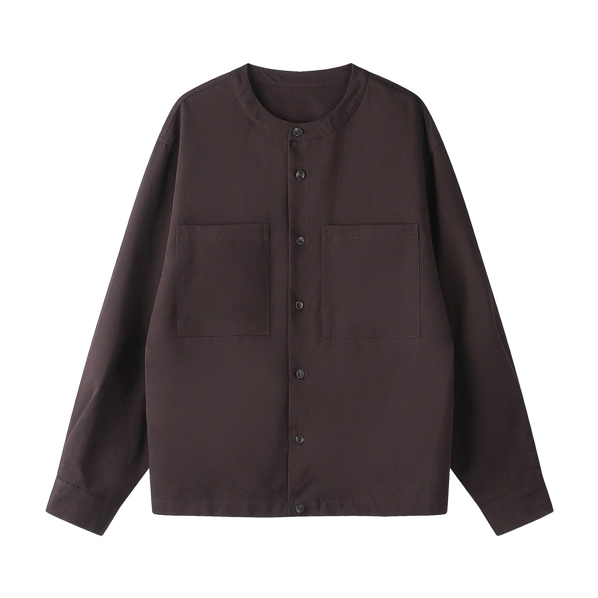 Brown collarless button-front shirt jacket with two large chest patch pockets, flat lay front view