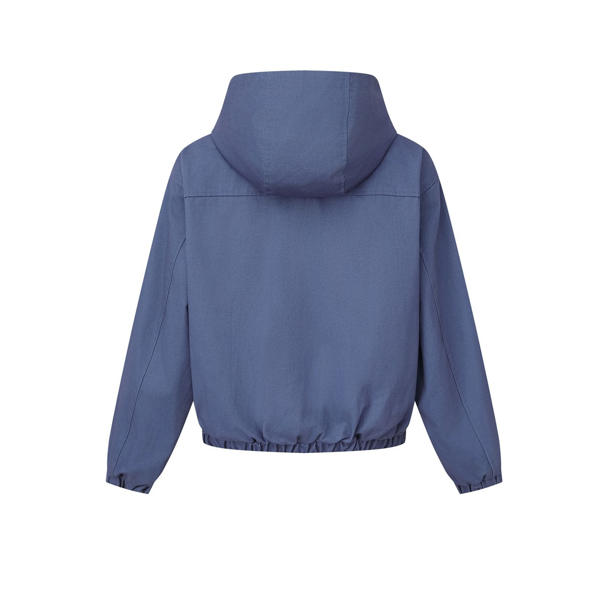 Back view of a muted blue hooded jacket with long sleeves and a gathered elastic hem.