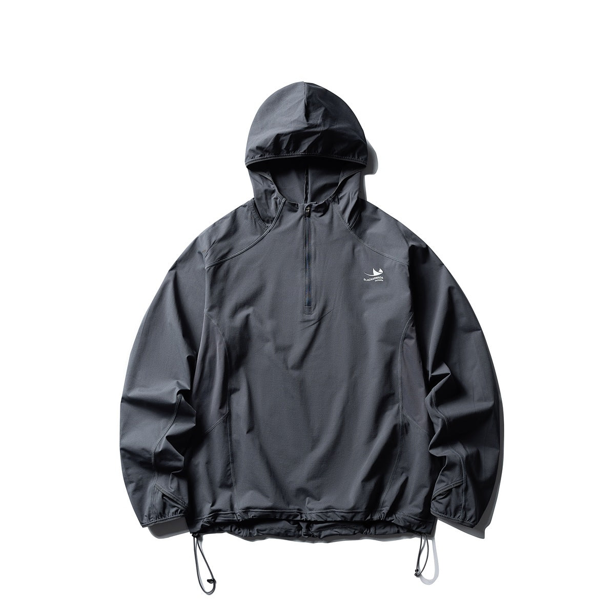 Dark gray hooded half-zip jacket, flat front view, with drawstring hem and raglan seams