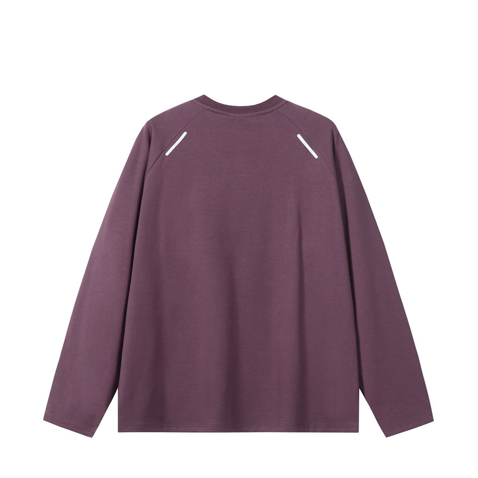 Back view of a plum long-sleeve crew-neck top with raglan sleeves and two white shoulder accents.