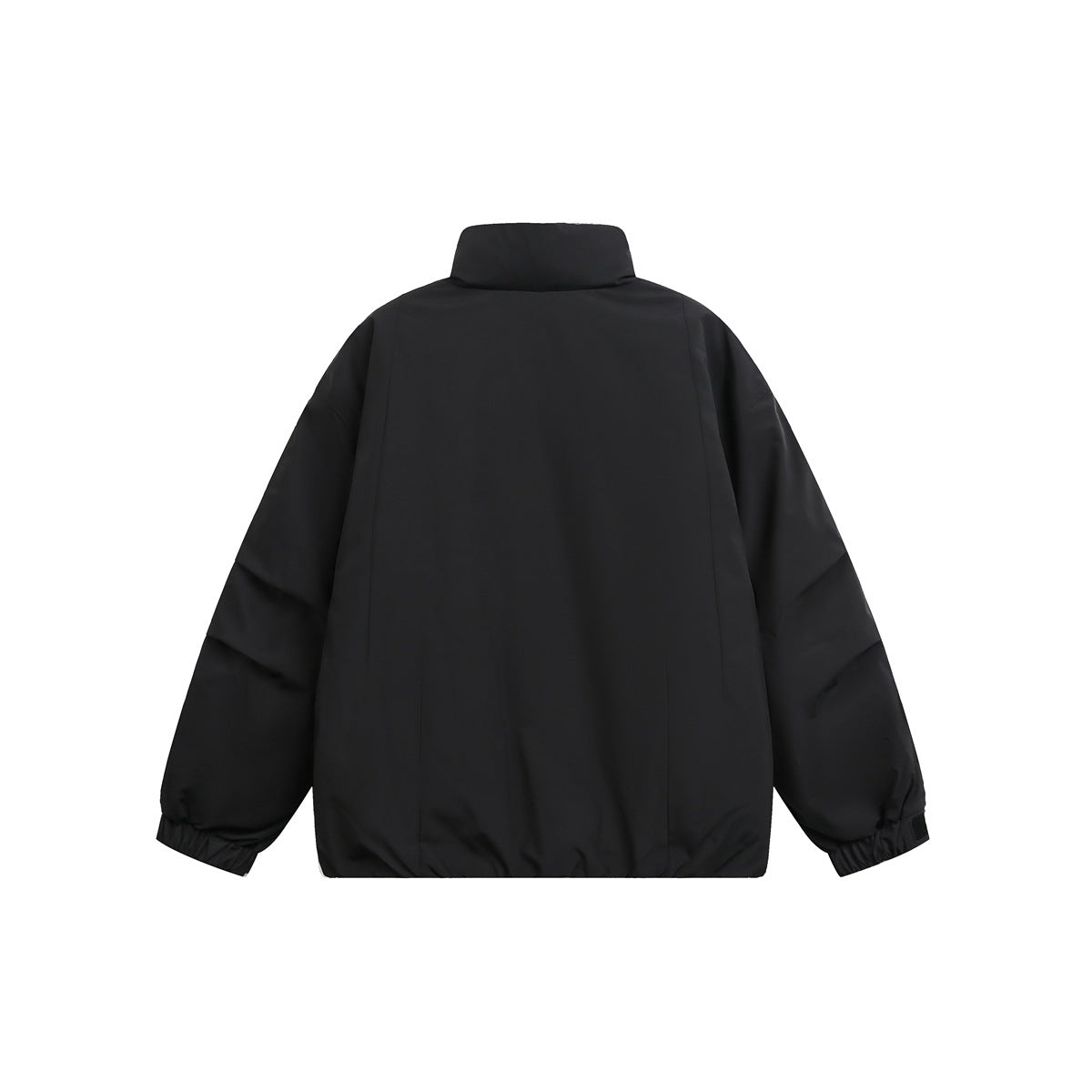 Back view of a black jacket with a raised collar, long sleeves, elastic cuffs, and a gathered hem.