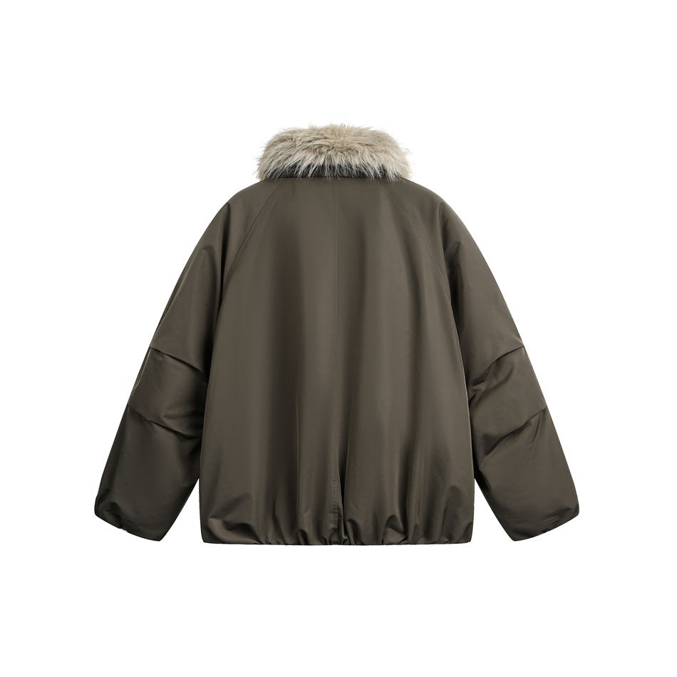 Back view of a dark brown jacket with a taupe faux-fur collar and long sleeves.
