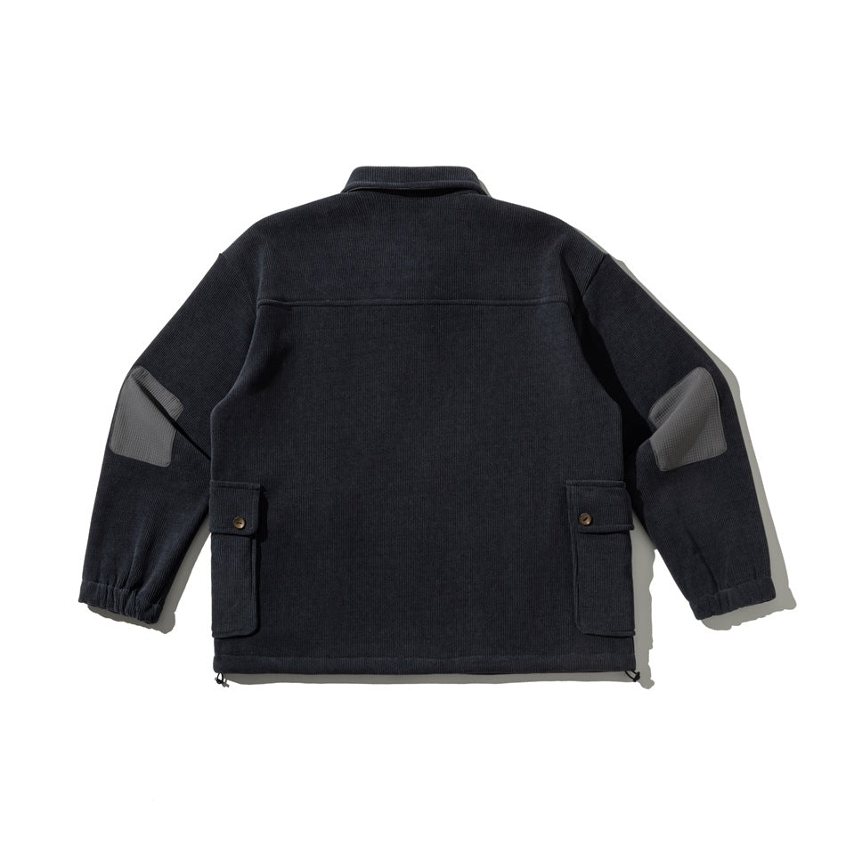 Back view of a dark charcoal pullover with elbow patches, flap pockets, elastic cuffs, and hem drawcords.