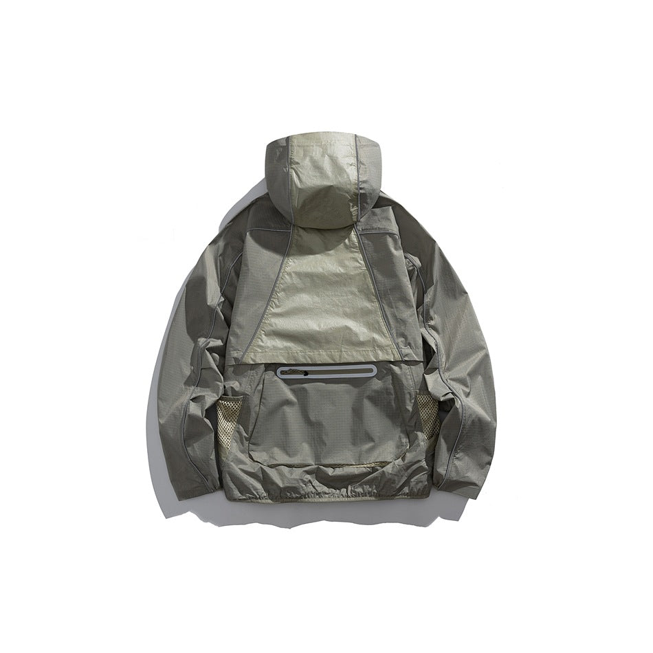 Back view of a gray-green hooded jacket with a large zip pocket and mesh side pockets.