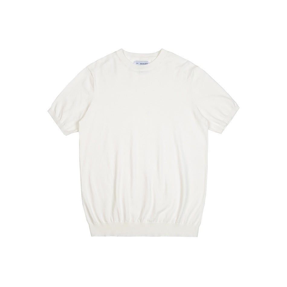 White short-sleeve crew neck knit top flat lay, front view, with ribbed neckline, cuffs and hem