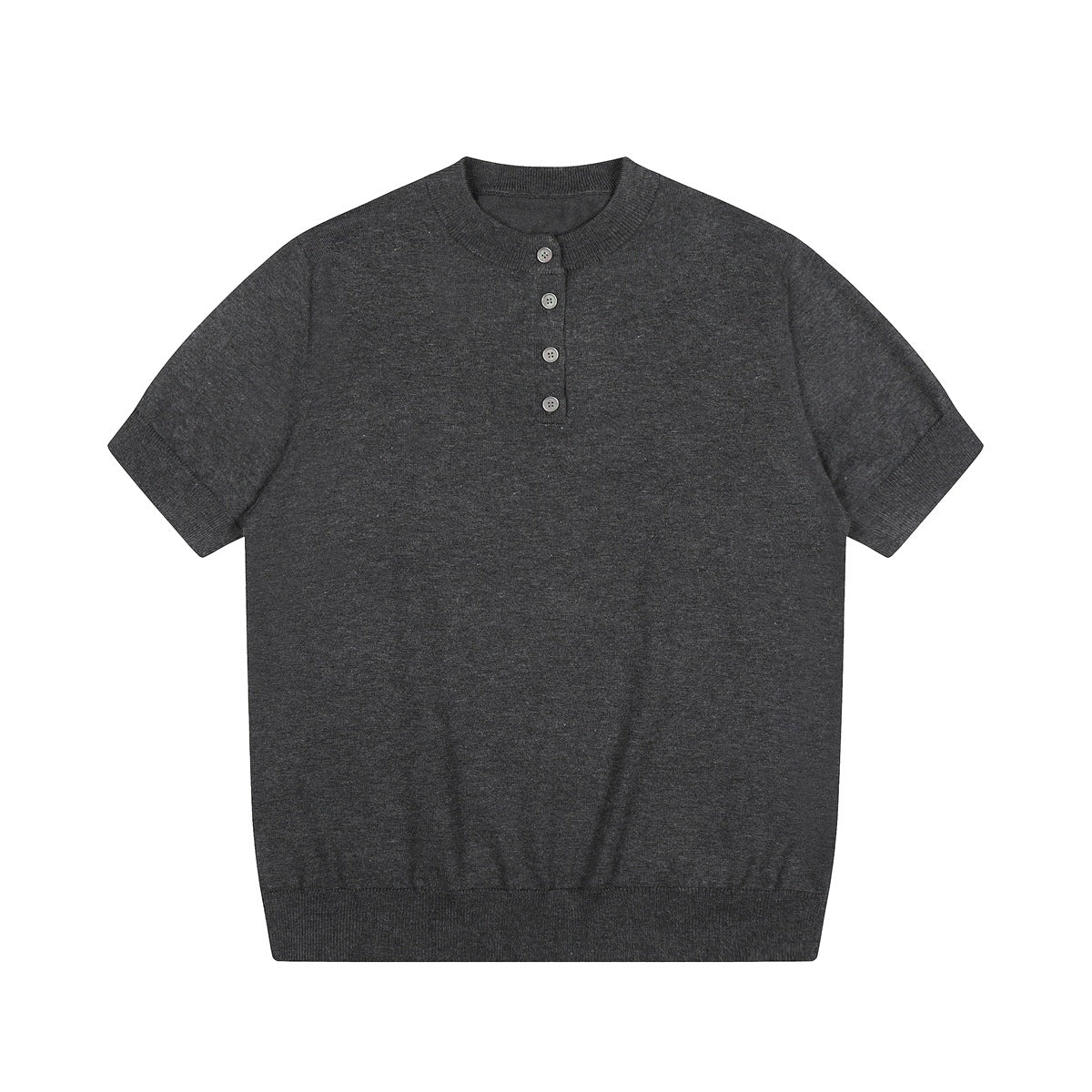 Dark gray heathered knit short-sleeve henley top, flat lay, with four gray buttons and ribbed trim