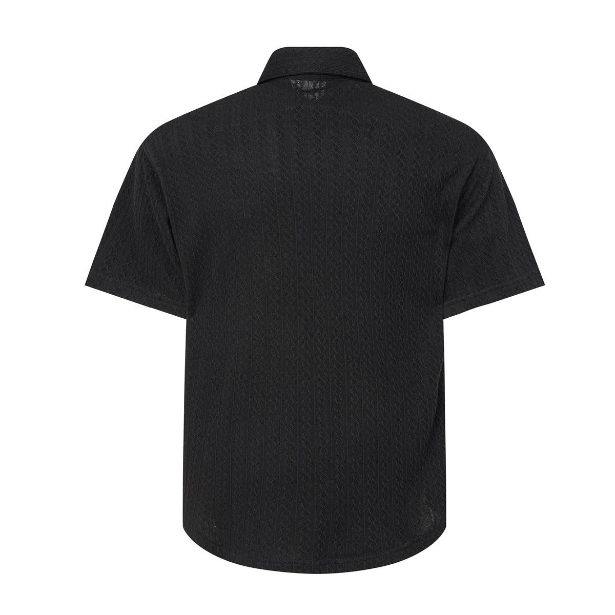 Black short-sleeve shirt with textured cable pattern, back view with collar