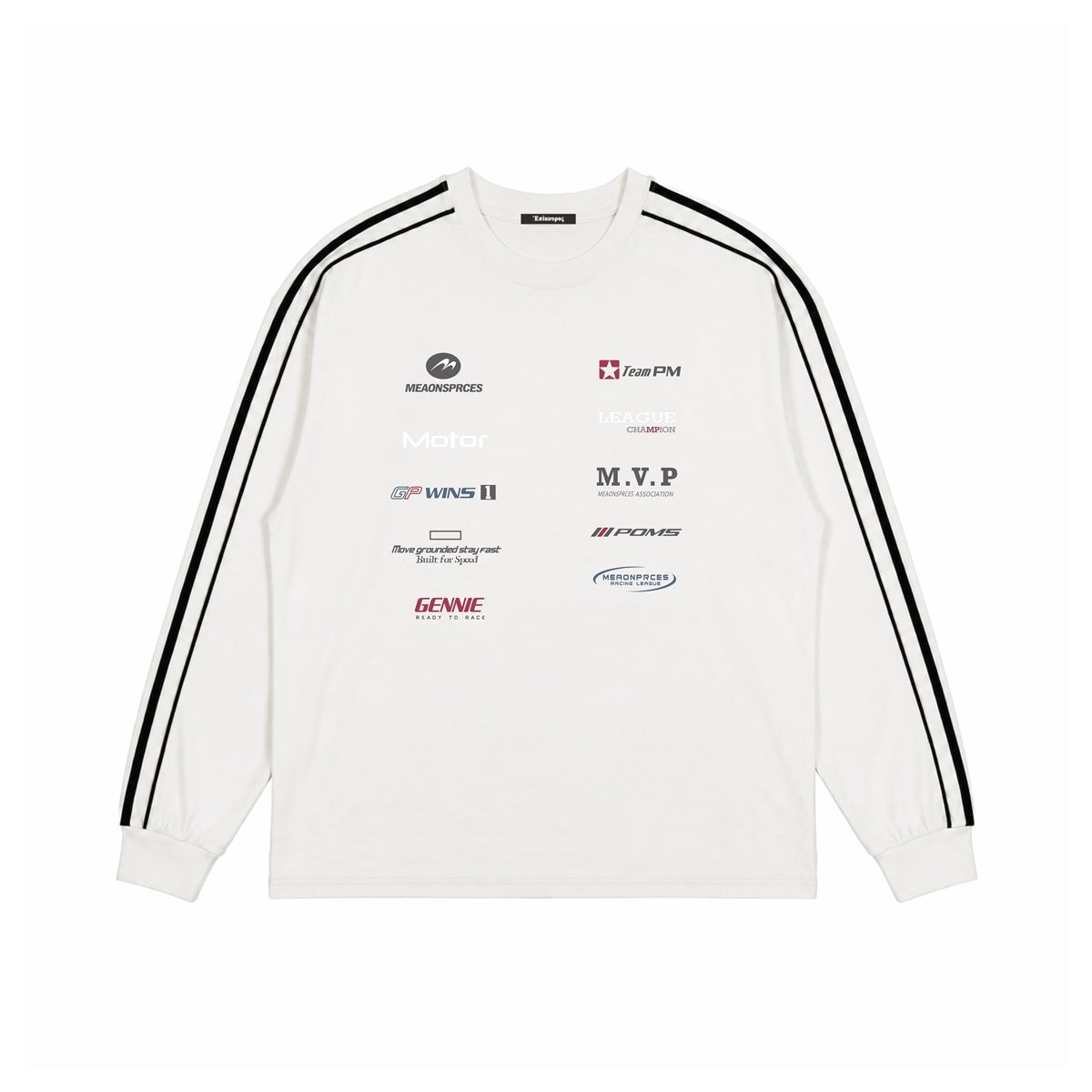 Off-white long-sleeve tee, front view, with black double sleeve stripes and racing-style logo prints