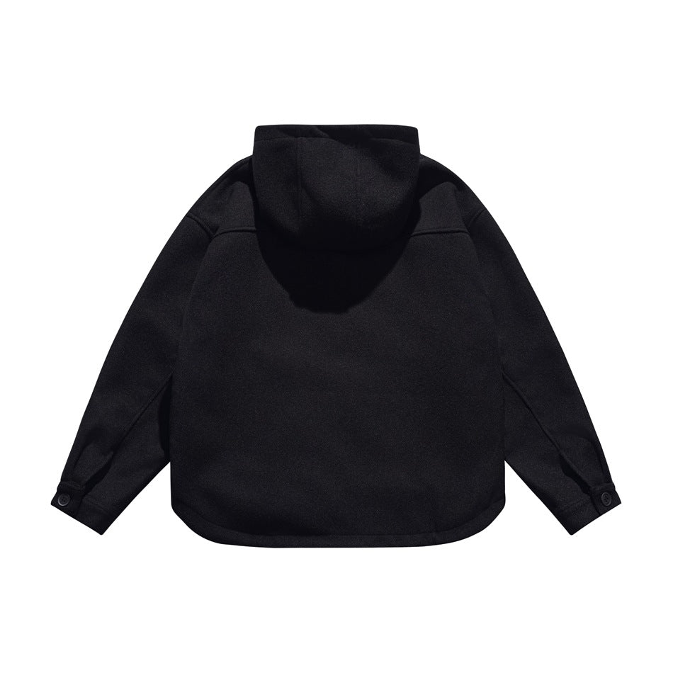 Back view of a black hooded jacket with long sleeves, buttoned cuffs, and a curved hem.