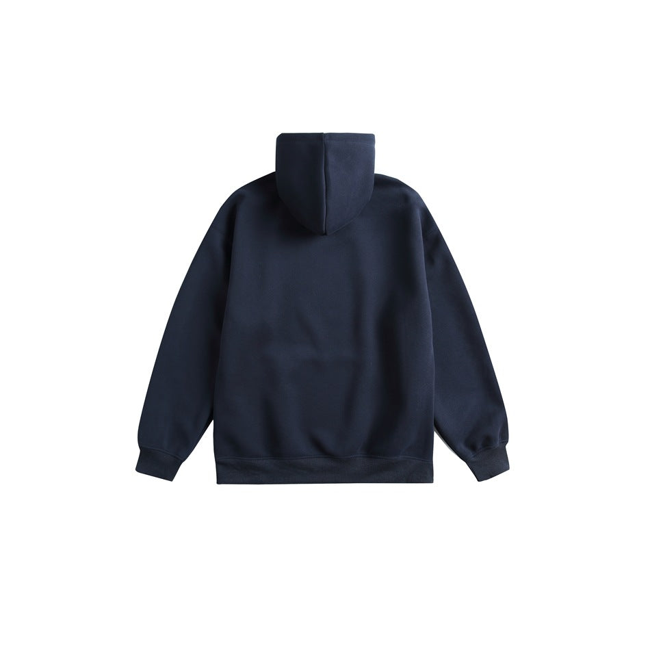 Back view of a dark navy hoodie with a hood, long sleeves, ribbed cuffs, and ribbed hem.