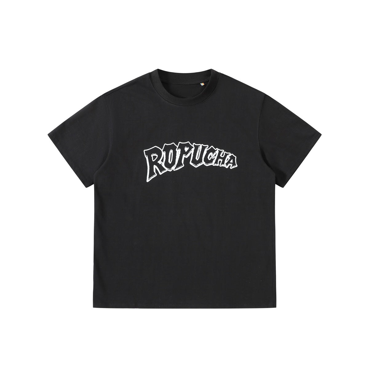 Black short-sleeve crew-neck T-shirt with white-outlined arched ROPUCHA graphic on the chest, flat front view