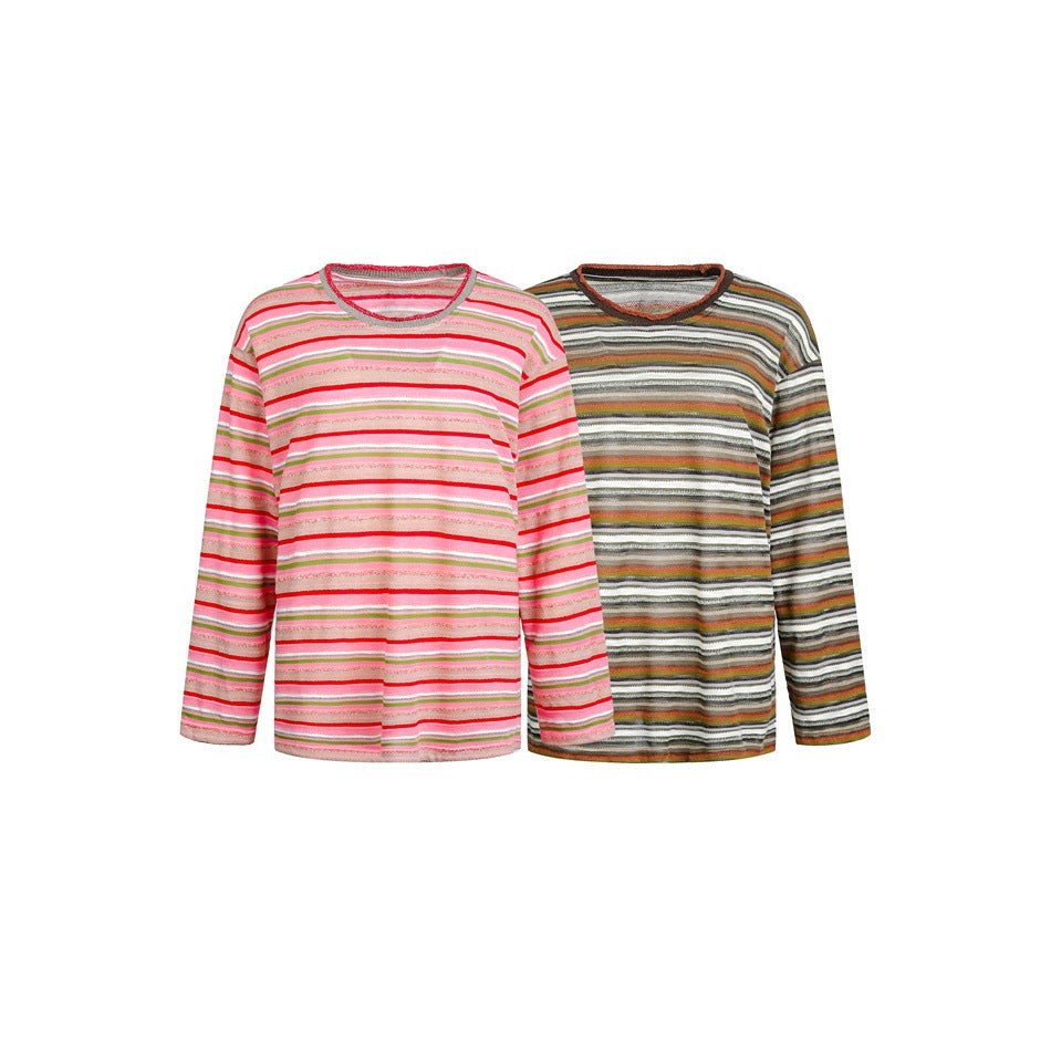 Two long-sleeve striped crewneck tops shown together: one in pink tones and one in dark neutral tones.