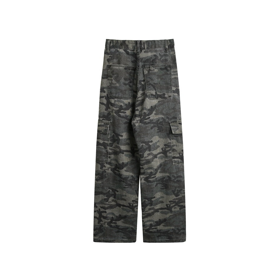 Back view of loose dark gray camouflage pants with two rear patch pockets and side cargo pockets.