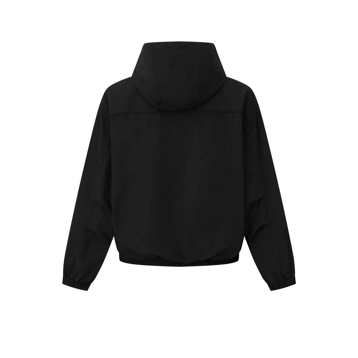 Back view of a black hooded jacket with long sleeves and elasticated cuffs and hem.