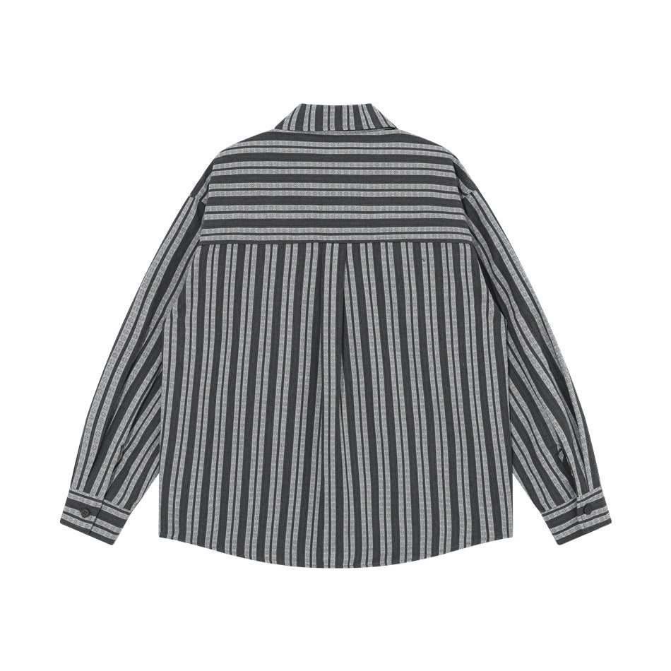 Back view of a gray and charcoal long-sleeve button-up shirt with vertical stripes and a horizontal yoke.