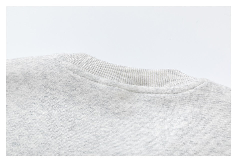 Close-up of the light gray sweatshirt’s ribbed crew neckline and plain back panel.