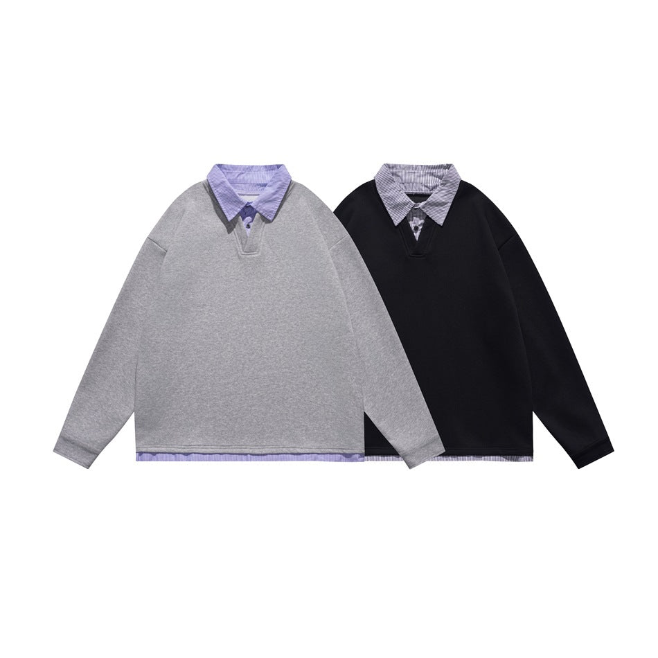 Two long-sleeve tops shown from the front: one gray and one black, each with a striped shirt collar.
