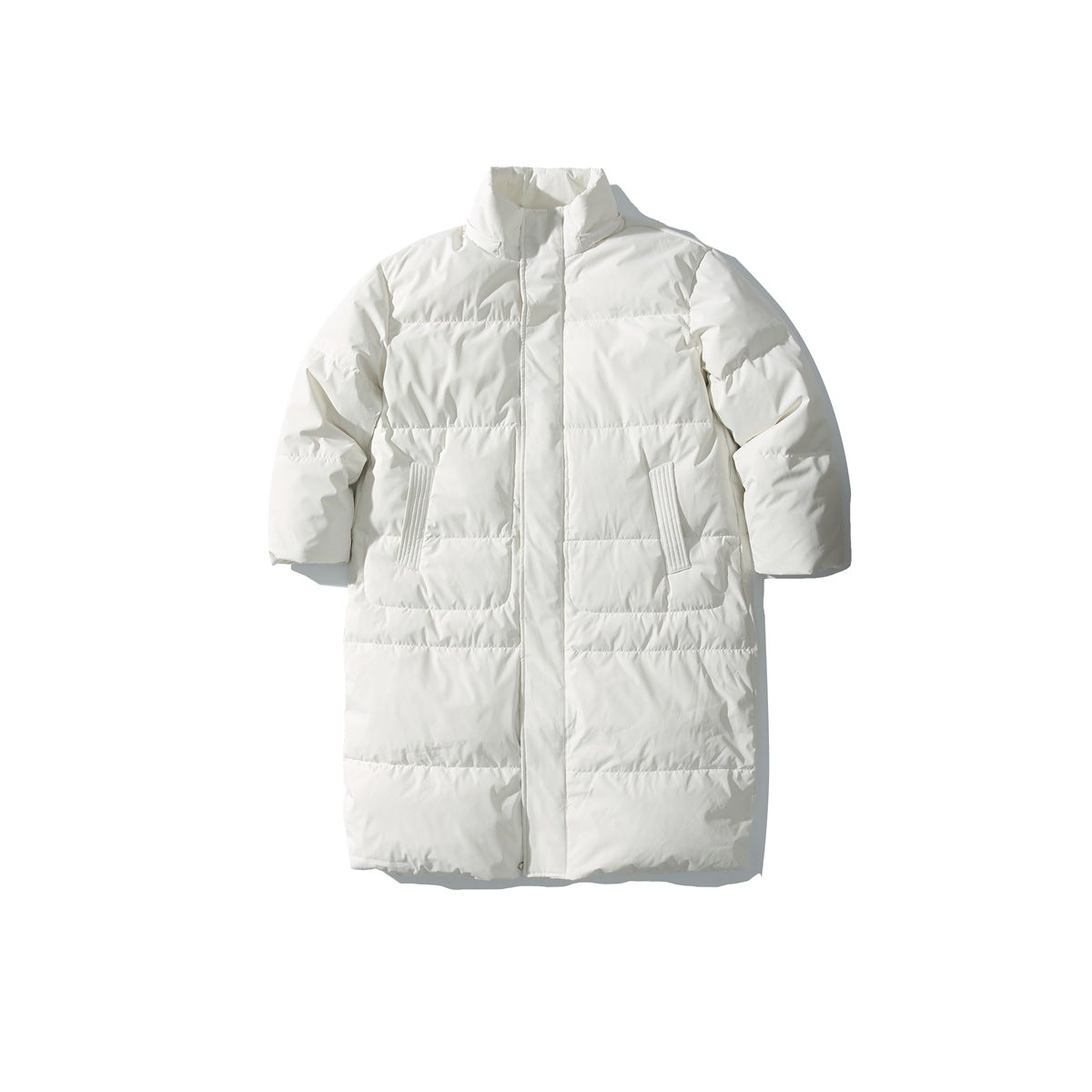 White long quilted puffer jacket with stand collar, front zip placket and two front pockets, flat lay