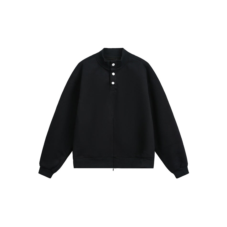 Black stand-collar sweatshirt with three snap buttons, ribbed cuffs and hem, and a center-front zipper pull, flat front view
