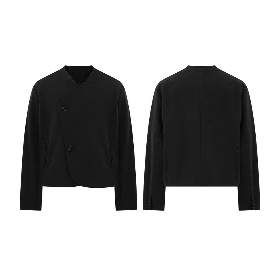 Black long-sleeve jacket shown from the front and back, with an asymmetrical buttoned front and short stand collar.