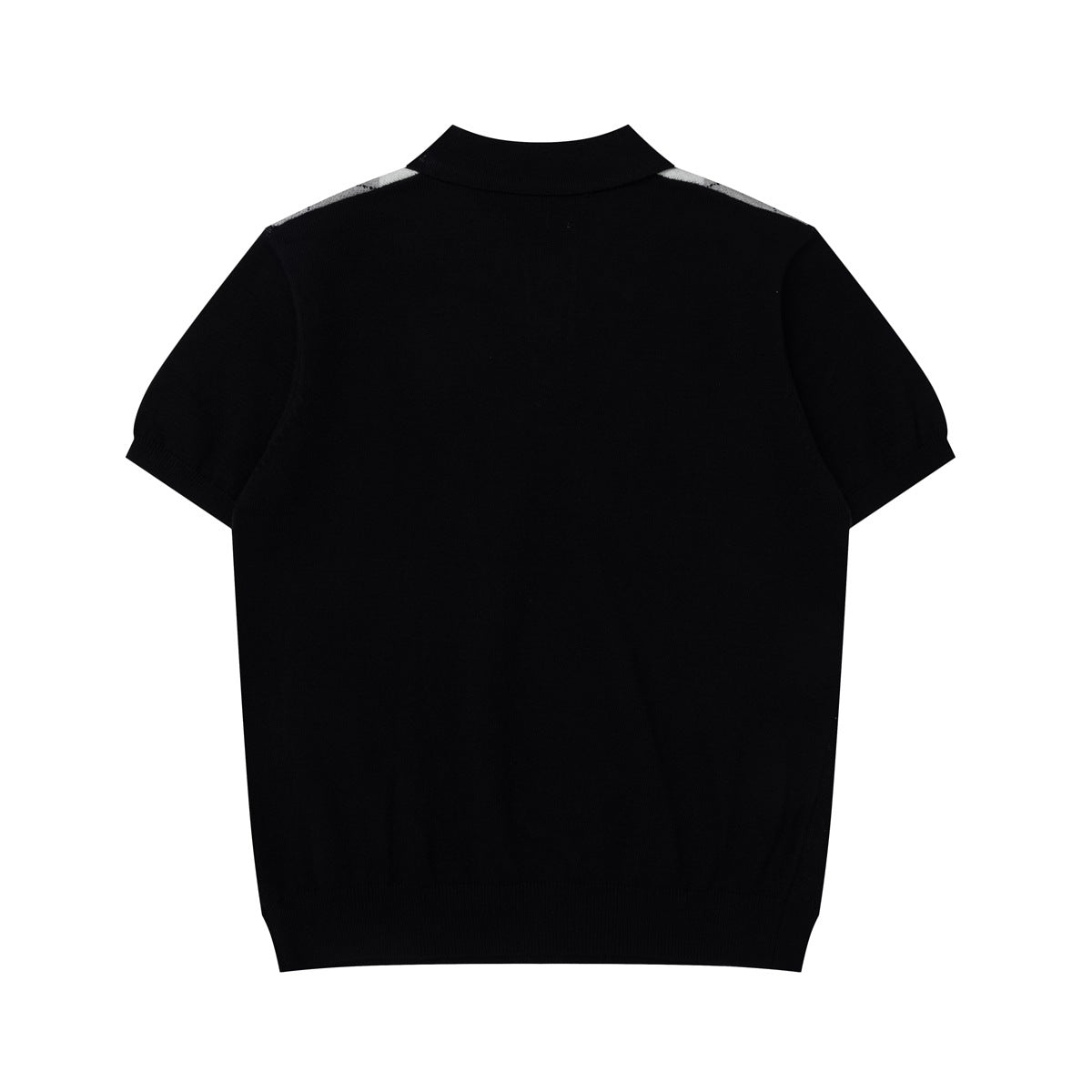 Back view of a black short-sleeve knit polo shirt with a plain body and light argyle accents at the shoulders.