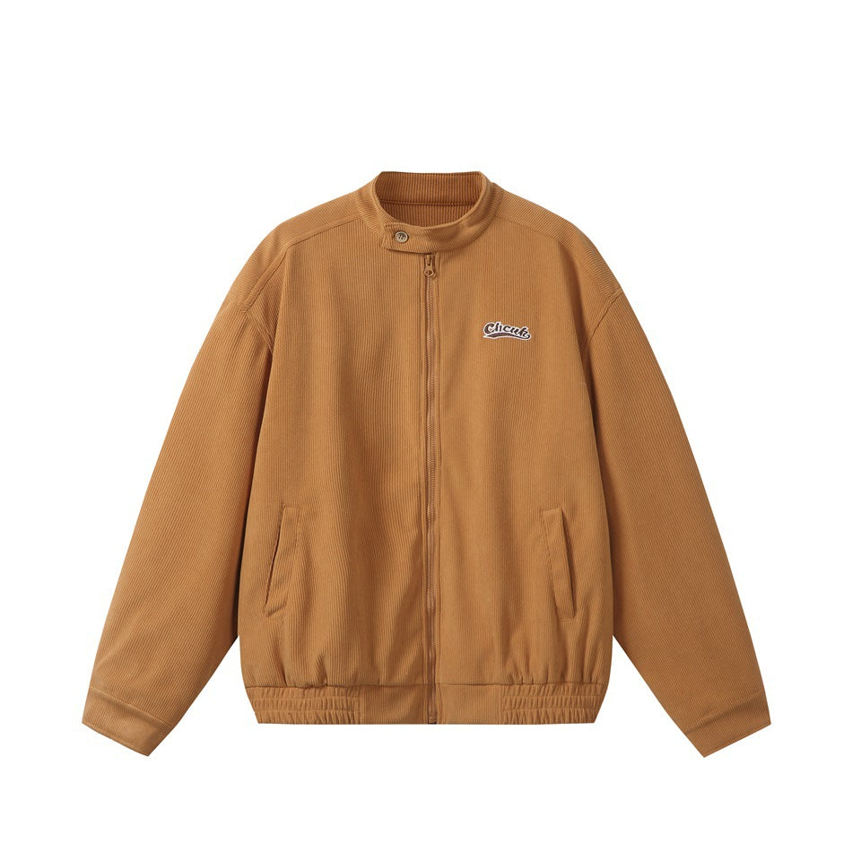 Orange-yellow ribbed stand-collar zip jacket with chest patch, front pockets and elastic hem, flat lay