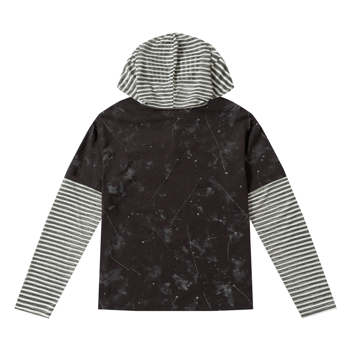 Back view of black mottled hooded long-sleeve top with striped hood and striped sleeves, flat lay