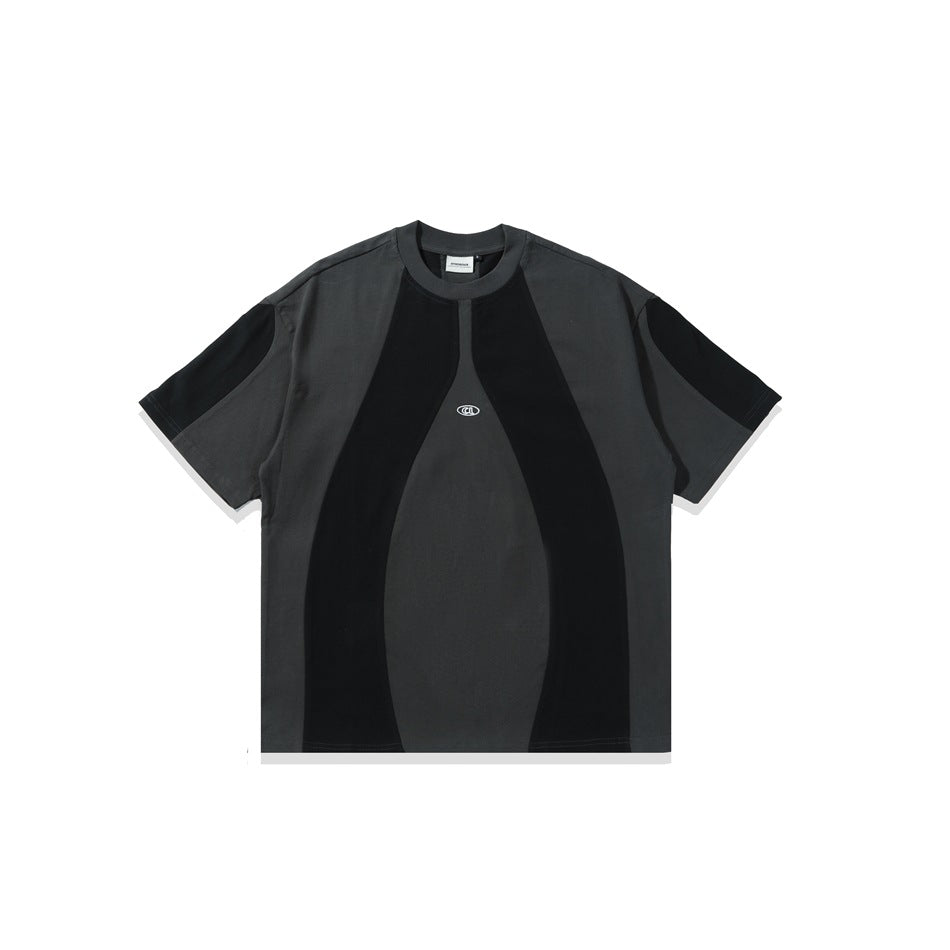 Charcoal gray short-sleeve crew neck T-shirt with black curved panels and a small embroidered oval logo, front view