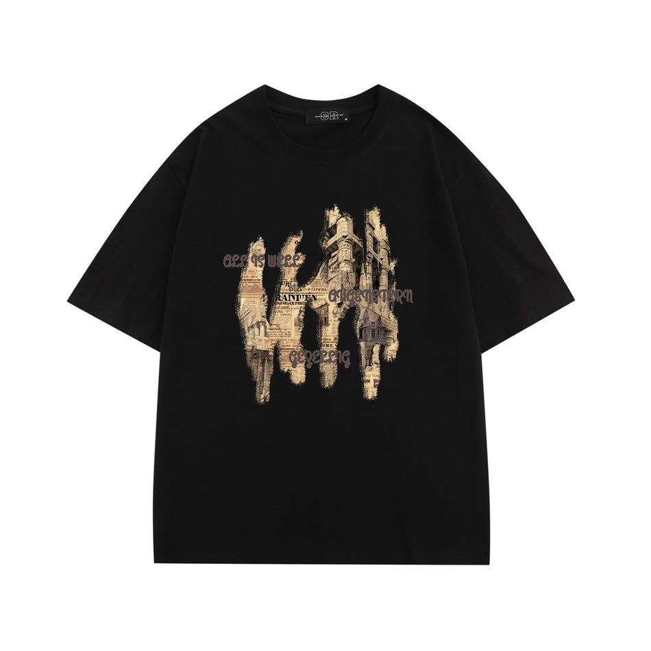 Black short-sleeve crew-neck t-shirt with vintage newspaper and building graphic print on the front