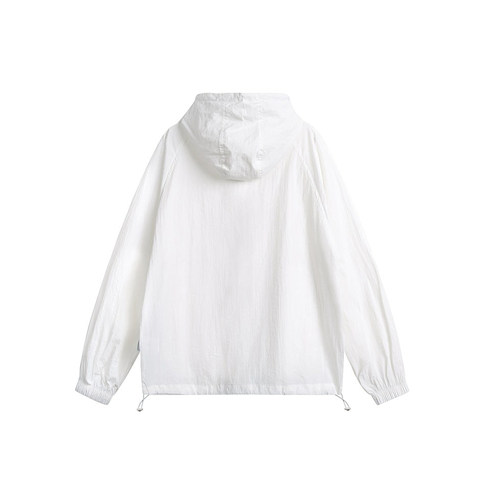 Back view of a white hooded jacket with elastic cuffs and adjustable drawcords at the hem.