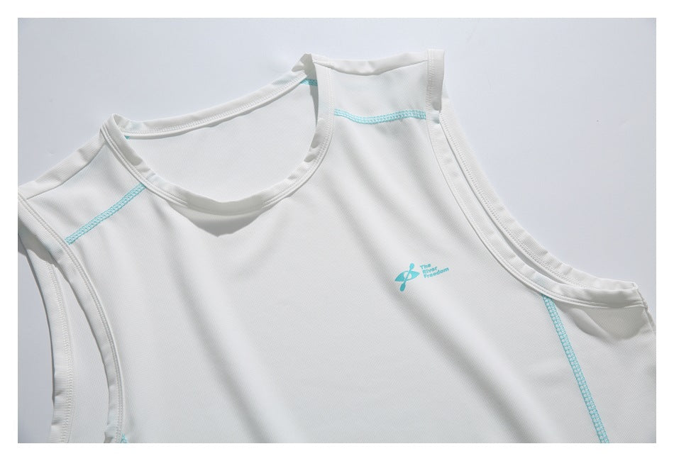 Close-up of a white sleeveless top with turquoise seam accents and a small turquoise chest emblem.