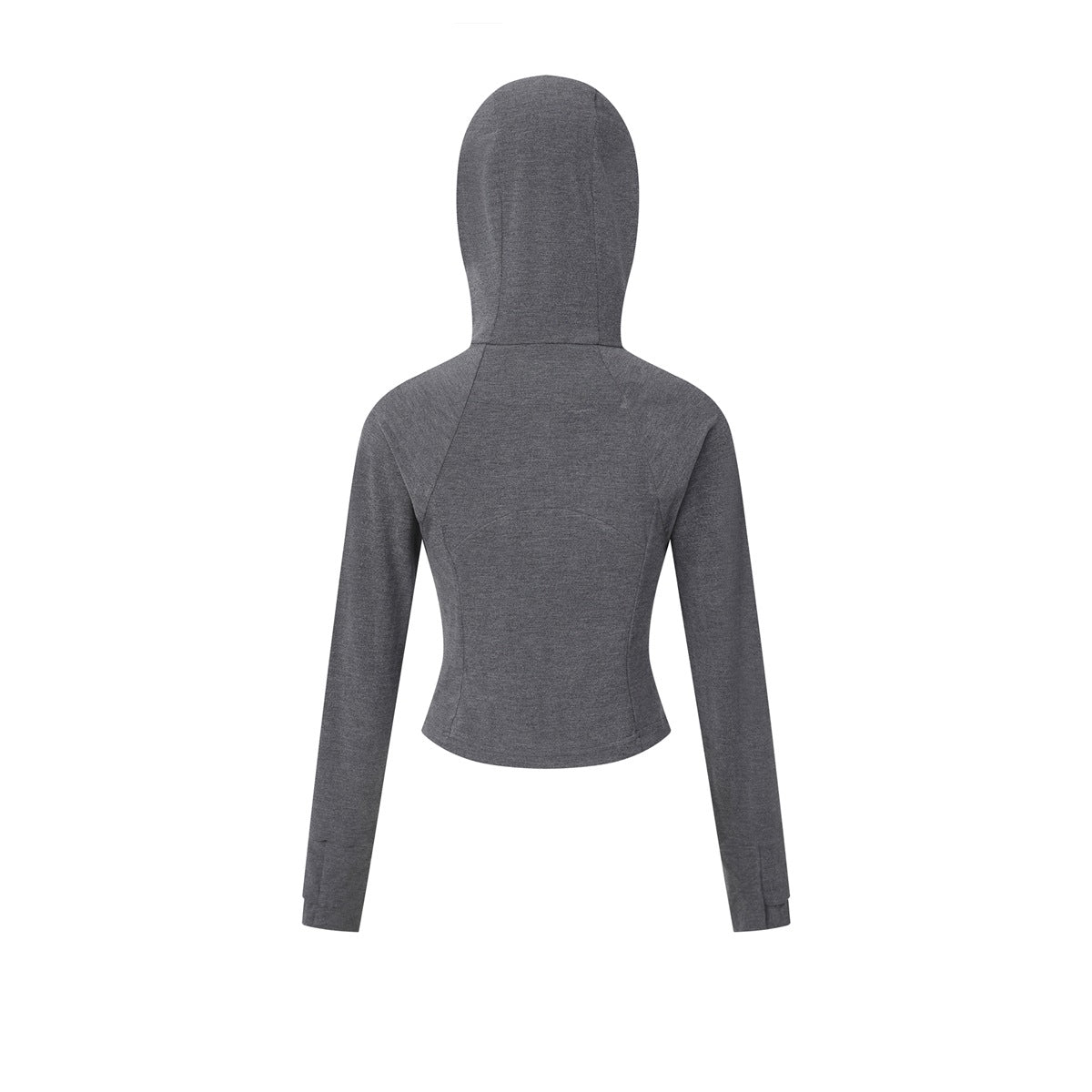 Back view of a charcoal gray cropped hooded top with long sleeves and shaped seam panels.