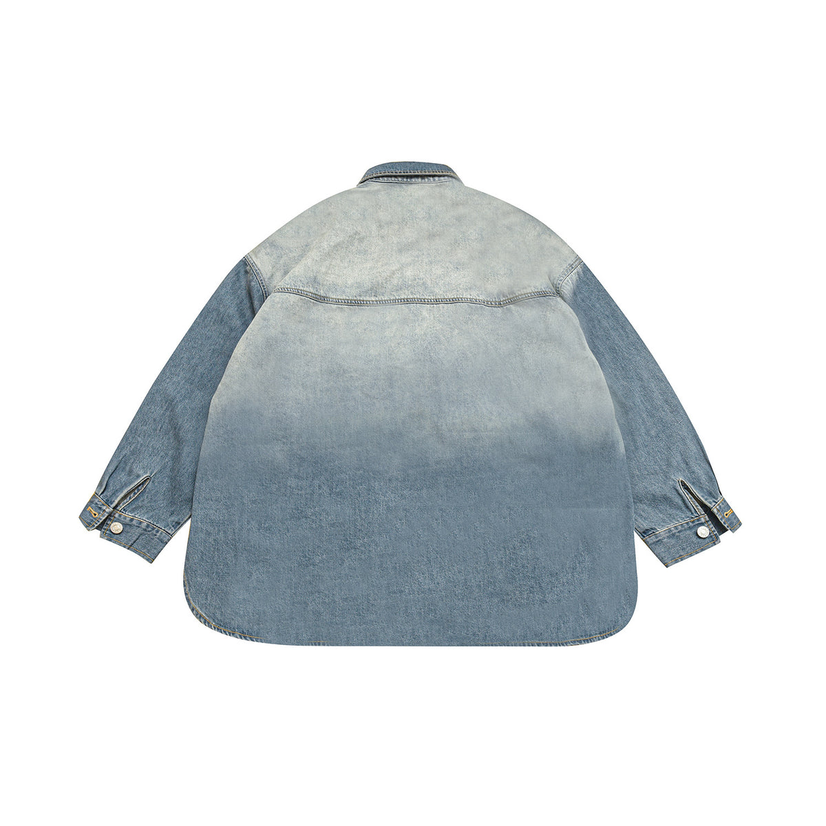 Full back view of a two-tone blue denim jacket with a pale faded back panel, darker sleeves, and buttoned cuffs.