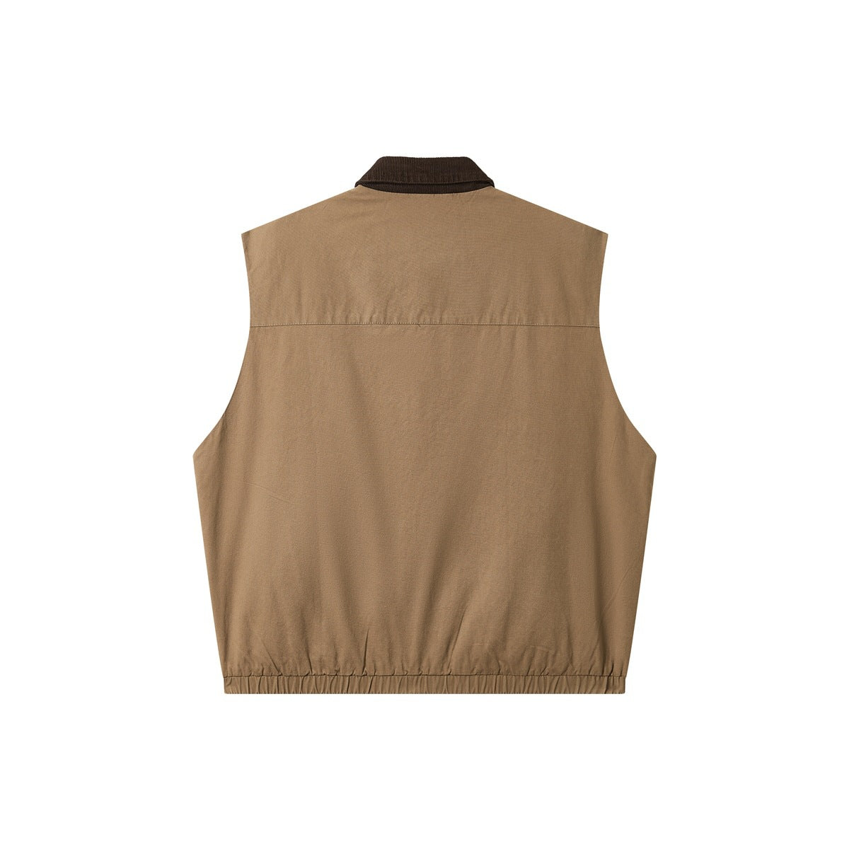 Back view of a tan sleeveless vest with a dark brown collar, horizontal upper-back seam, and elastic hem.