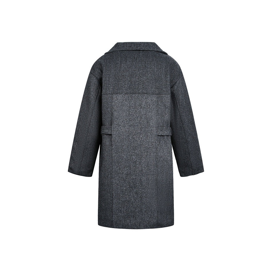 Back view of a long charcoal gray coat with a wide collar, straight sleeves, and a center seam with short waist tabs.