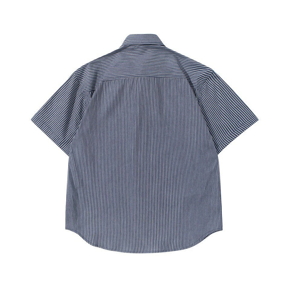 Navy striped short-sleeve shirt, back view with yoke seam and horizontally striped yoke and sleeves