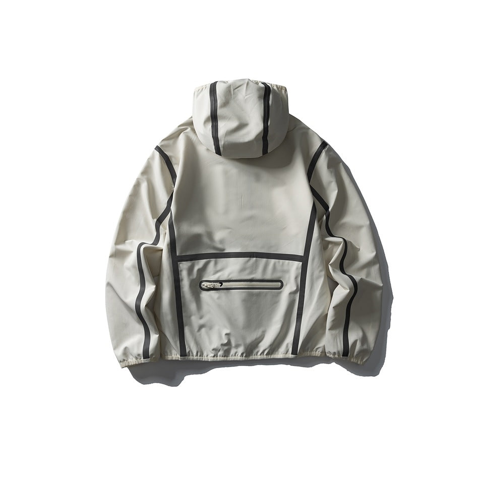 Back view of an off-white hooded jacket with dark contrast seam trim and a horizontal zip pocket.