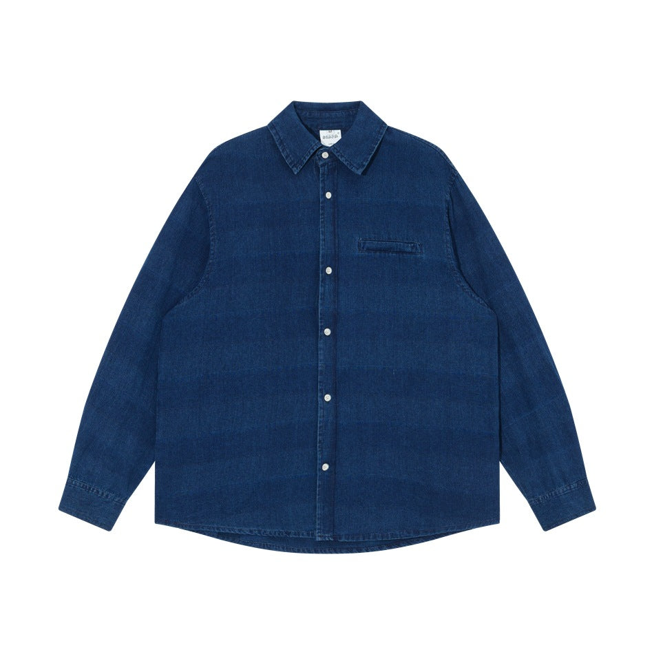 Front flat lay of a blue washed denim-look long-sleeve button-up shirt with chest pocket and pointed collar