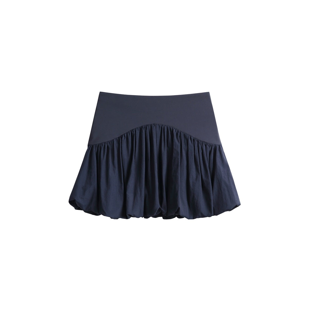 Navy bubble-hem skirt with a smooth wide waistband, shown alone on a white background.
