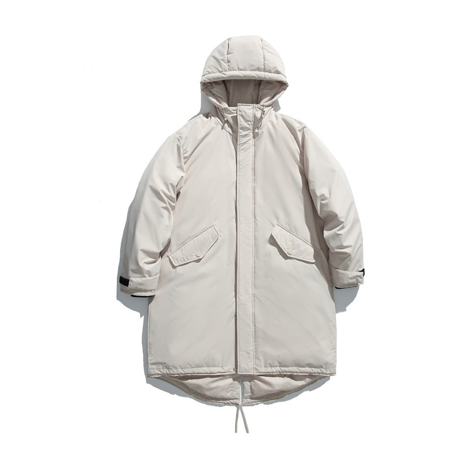 Front view of a light cream hooded coat with a covered front closure, flap pockets, and a drawcord hem.