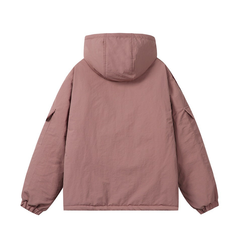 Back view of a dusty rose hooded jacket with long sleeves and gathered cuffs.