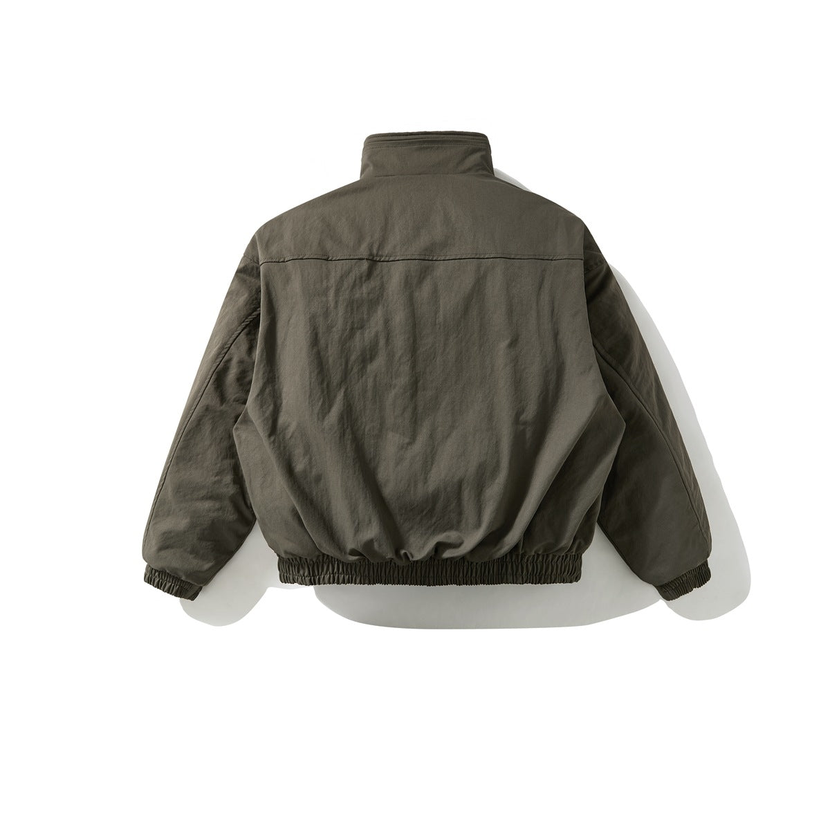 Back view of an olive-gray stand-collar jacket with long sleeves and gathered elastic cuffs and hem.