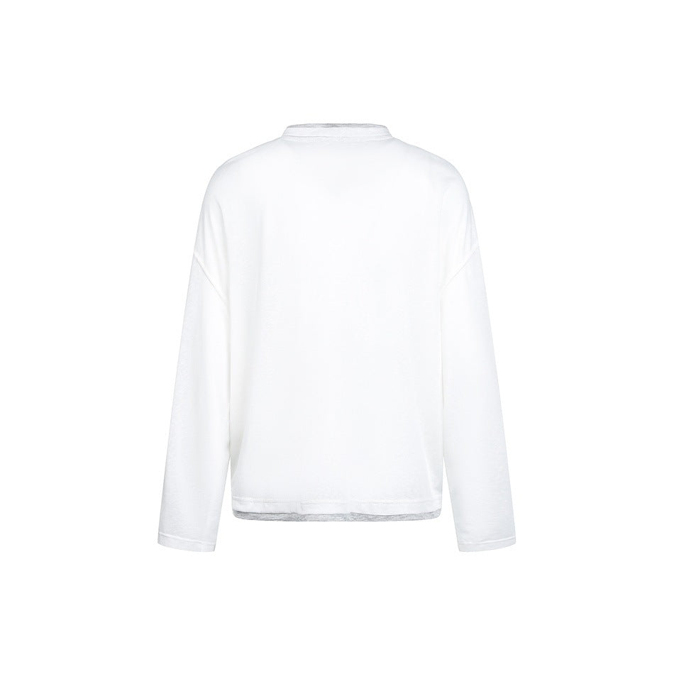 Back view of a plain white long-sleeve top with a relaxed fit and gray trim at the neckline and hem.